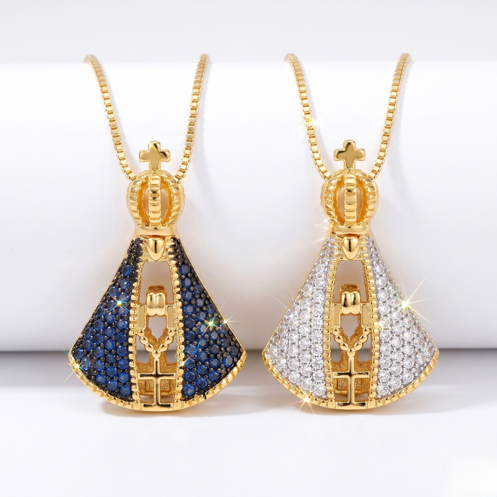 Double-Sided Our Lady Pendant Necklace – Gold Plated with Zircons