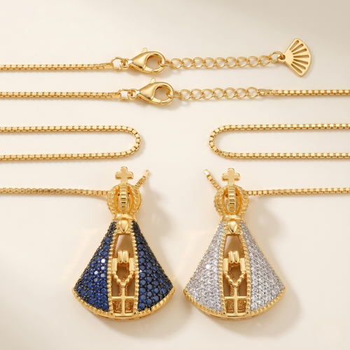 Double-Sided Our Lady Pendant Necklace – Gold Plated with Zircons