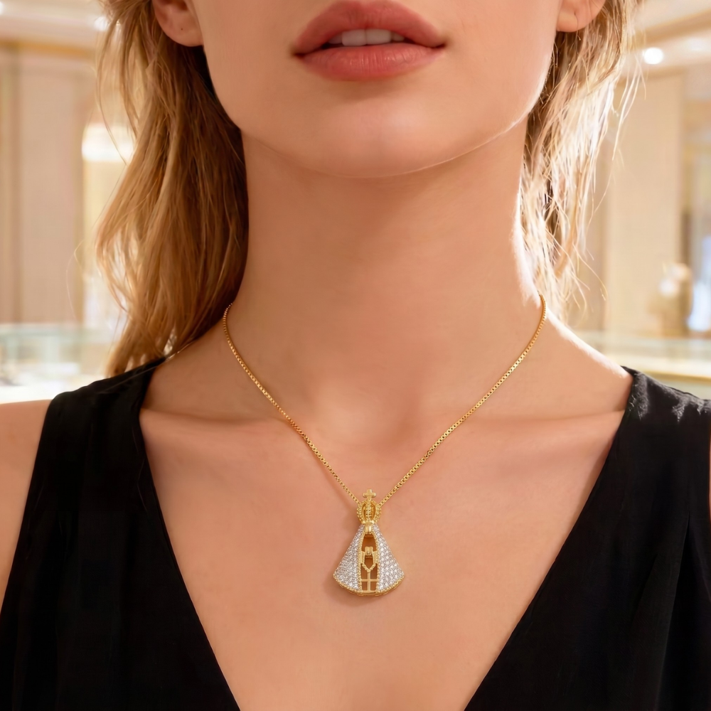 Double-Sided Our Lady Pendant Necklace – Gold Plated with Zircons