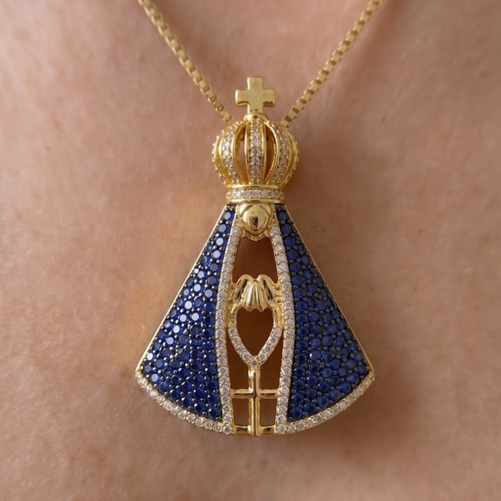 Double-Sided Our Lady Pendant Necklace – Gold Plated with Zircons